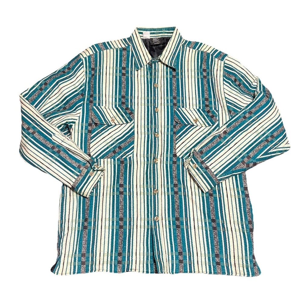 Vintage 80s 90s Boho thick Flannel Shirt Blue Aztec Button Up Western Turquoise